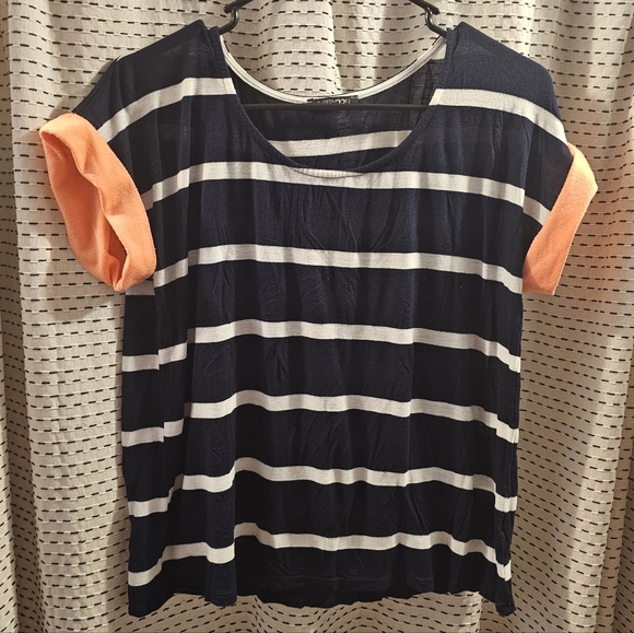 Papermoon Tops - Papermoon Navy and White Striped Tee with Orange Accents